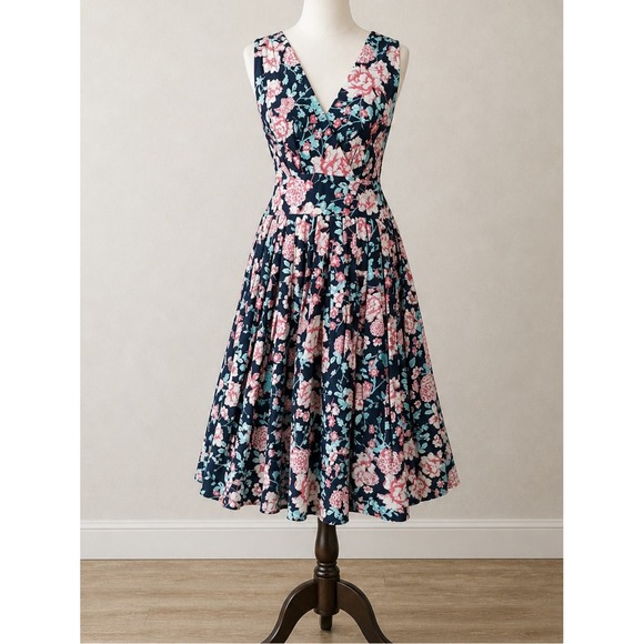 Diva Dollz Dresses & Skirts - DIVA DOLLZ Fit & Flare Floral Cotton Dress M Retro Pinup Cottagecore Boho Navy